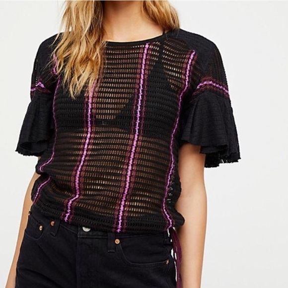 Free People Tops - Free People Babes Only Black & Pink Crochet Sheer Short Sleeve Sweater Shirt